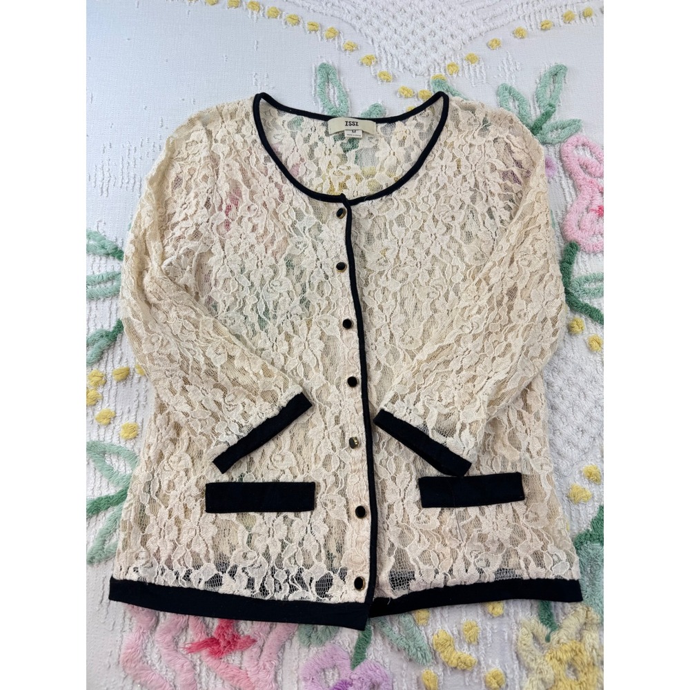 ISSI Cream Lace Black Trim Button Front Cardigan Sweater Women's‎ M - Picture 3 of 11